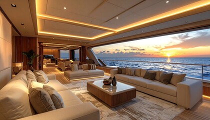 Fototapeta premium Luxurious Yacht Interior with Ocean Sunset View.