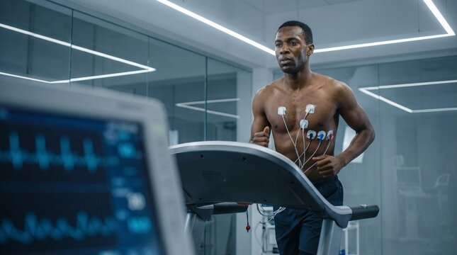 Fit male athlete running on a treadmill inside a modern laboratory during cardiovascular and metabolic testing with chest and limb monitoring electrodes for performance analysis