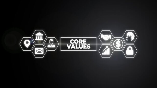 Core values Responsibility Innovation. Businessman pressing button on screen.