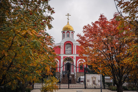 Autumn landscape with temple. Church of the Nativity of John the Baptist, Severny village, Belgorod region, Russia, October 11, 2025