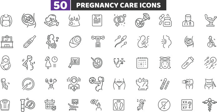 Pregnancy Care and Maternity Medical Line Icons Set, Mother and Baby Health Vector Collection