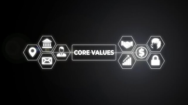 Core values Responsibility Innovation. Businessman pressing button on screen.