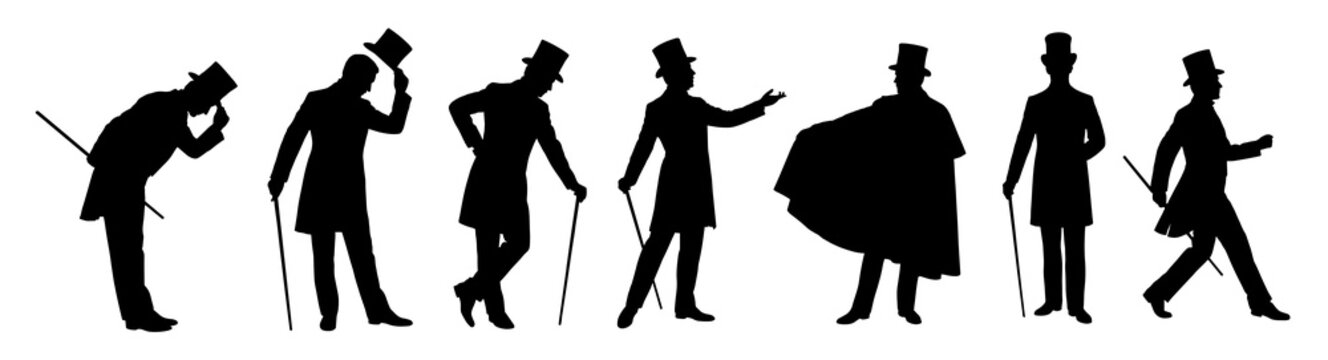 Collection of black silhouettes depicting nineteenth century gentlemen in formal attire including top hats capes and walking sticks in various poses