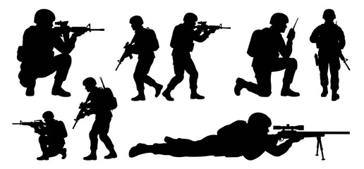 Fototapeta premium Collection of black military silhouettes showing armed soldiers in various poses including kneeling standing walking and prone sniper positions for tactical design