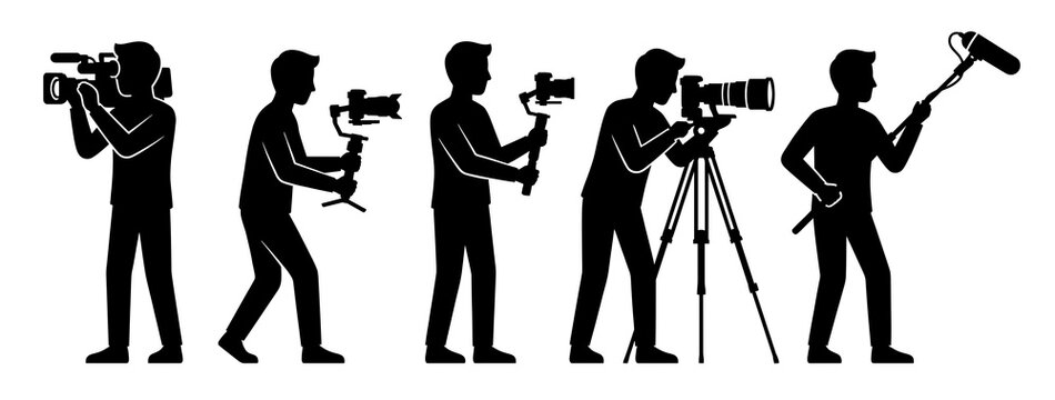 Professional film production crew silhouettes featuring camera operators using gimbals tripods and shoulder mounts with a sound technician holding microphone