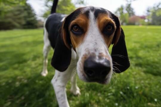 treeing walker coonhound Dog walking in the park on a sunny day with green grass and trees in the background during the afternoon hours
