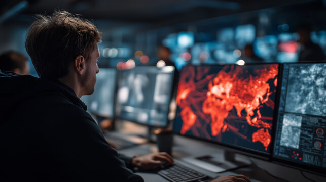 Side view of cyber security analyst working on computer with global red alert map screens.