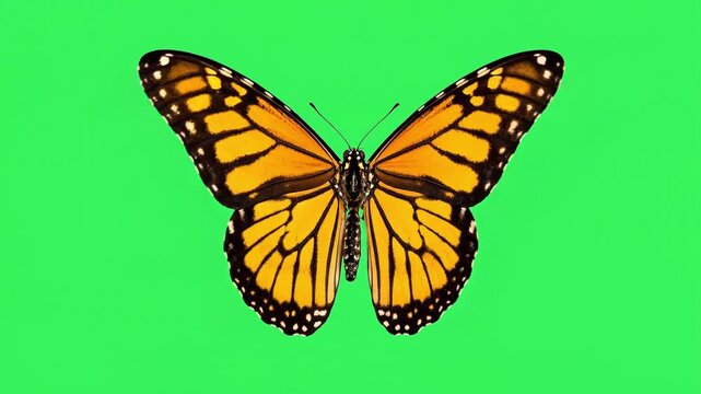 Orange and black butterfly with wings spread, isolated on green background, detailed insect close up, nature and wildlife concept