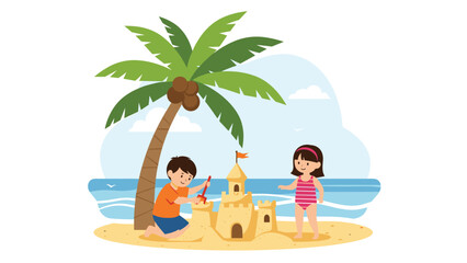 Fototapeta premium Young children playing in the sand and building a large sandcastle on a sunny tropical beach with palm trees and ocean.