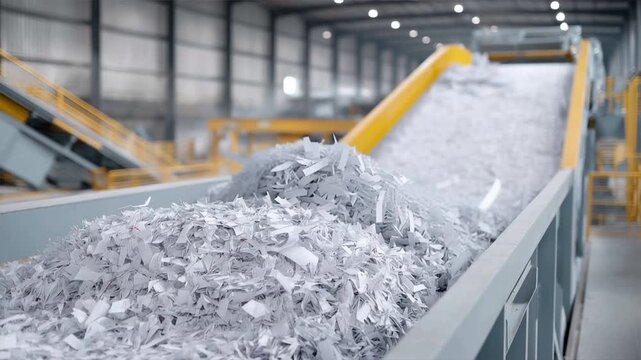 A busy recycling facility showcasing shredded paper moving along a conveyor belt ready for processing.