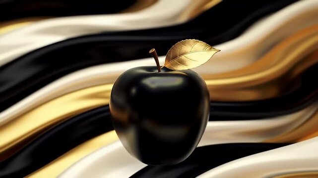 Black apple with golden leaf on abstract background.