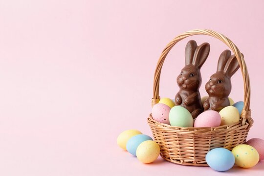 Two chocolate bunnies in wicker basket with colorful pastel eggs on pink background, holiday food photography, easter bunny, easter egg, easter.