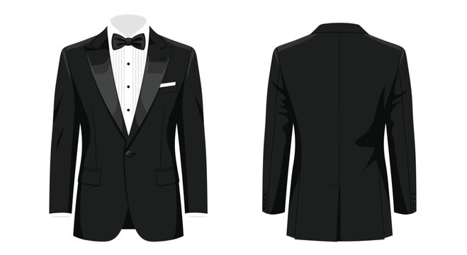 Front and back views of a sophisticated black tuxedo jacket, featuring a classic design for formal wear and special