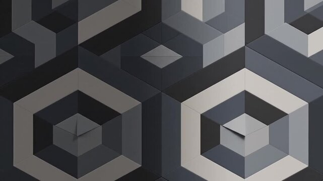 Close-up of a geometric pattern featuring hexagons in various shades of gray, arranged in a repeating design with a metallic sheen.