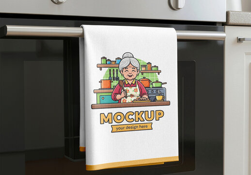 Kitchen Towel Mockup Hanging On An Oven Handle