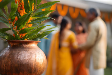 Traditional copper kalash with mango and marigold leaves, symbolizing prosperity for Gudi Padwa and Marathi new year celebration.