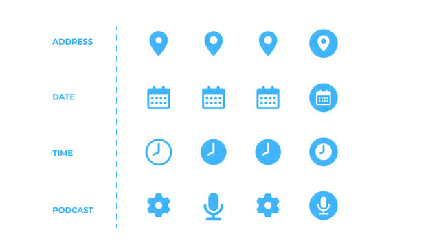 A modern icon set for location, calendar, time, and interface elements.