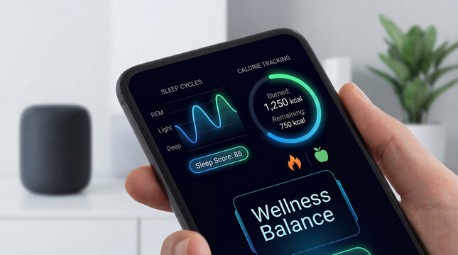 Balanced lifestyle nutrition sleep tracker app interface shows sleep cycles calorie tracking and wellness balance score on smartphone screen