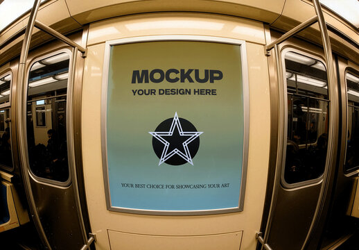 Poster Mockup Inside A Subway Train Fisheye Lens