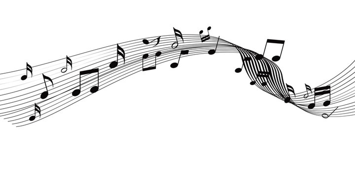 Vector musical melody with floating notes on staff lines. Curved musical notes and treble clef lines illustration.