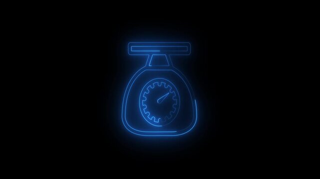 Neon Blue Weighing Scale Icon Animation on Black Background.Glowing kitchen scale with dial representing weight measurement, precision, and balance control.