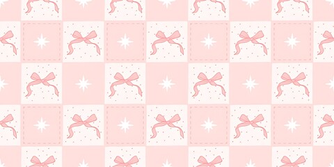 Fototapeta premium Pink and white patterned fabric with bows and floral designs
