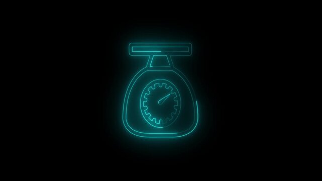 Neon cyan Weighing Scale Icon Animation on Black Background.Glowing kitchen scale with dial representing weight measurement, precision, and balance control.