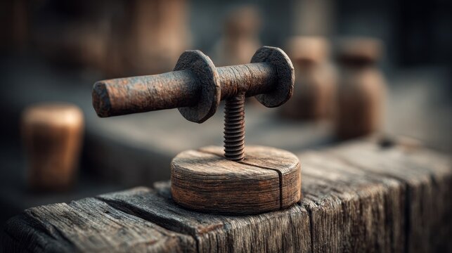 Rustic Close Up of Vintage Holdfast Clamp on Weathered Wood Bench.