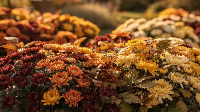 Medium shot focused on autumn flower beds with rich warm tones of chrysanthemums and leafy accents softly blurred background enhancing seasonal mood.