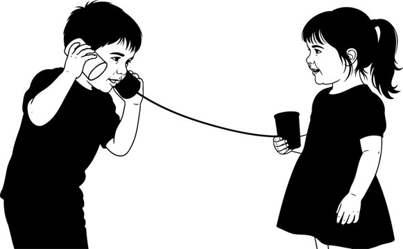 Boy and girl playing with tin can telephone silhouette