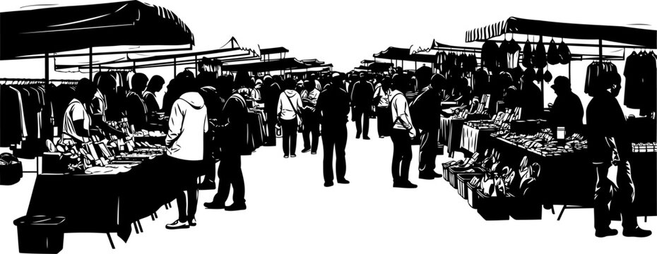Busy outdoor market scene with people and stalls silhouette