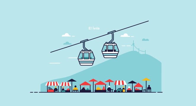 Cable car transporting passengers over a bustling market with stalls and vendors set against a scenic backdrop of rolling hills and a distant bridge