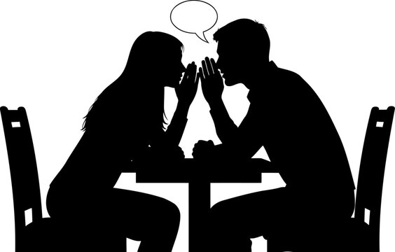 Couple whispering secrets across a table with speech bubble silhouette