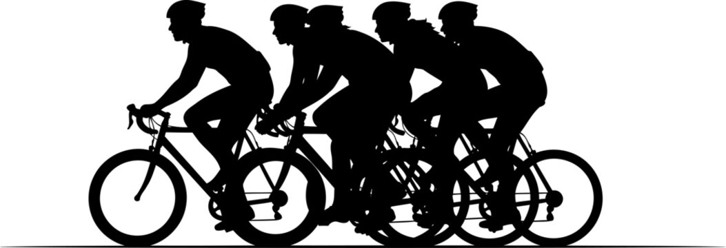 Group of cyclists riding in a professional peloton formation silhouette