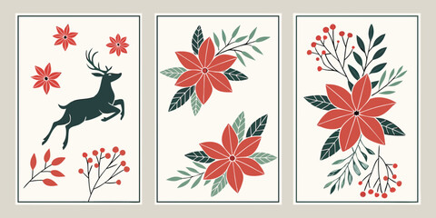 Modern christmas poster trio featuring leaping reindeer and poinsettia floral patterns christmas reindeer poinsettia greeting illustration seasonal botanical decoration minimalist © Designer Pac 2
