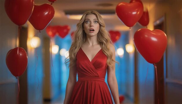 Mujer caminando por un pasillo lleno de globos de corazones rojos 