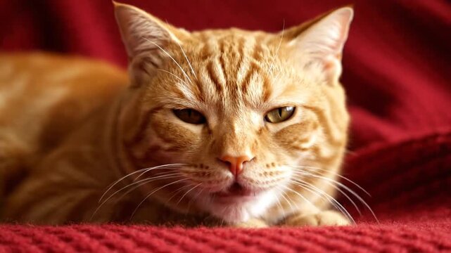 Close up of a grumpy orange tabby cat with green eyes lying on a red textured blanket