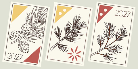 Set of 2027 new year festive postcards with pine cones and evergreen branches evergreen postcards seasonal greeting illustration botanical minimalist decoration elements © Designer Pac 2