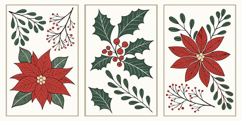 Christmas holiday poinsettia floral cards set with christmas poinsettia decoration botanical branches illustration elements greeting template seasonal ornamental ornament © Designer Pac 2