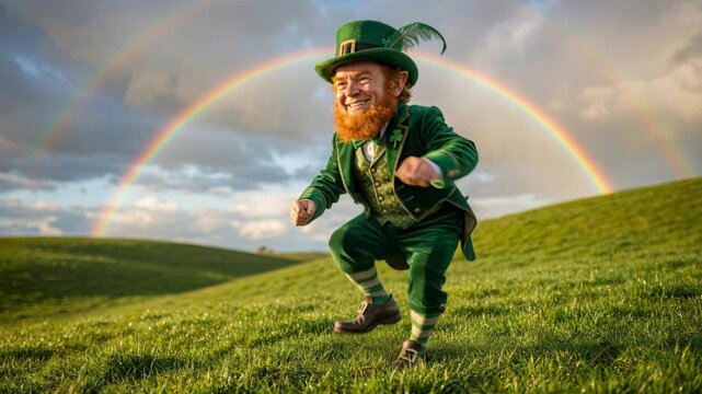 Leprechaun jumping on green hill under rainbow. Irish folklore character dancing in meadow. St. Patricks Day mythical creature in joyful motion sequence.