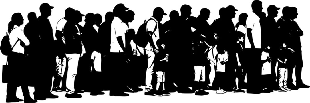 Silhouette of a long queue of people waiting in line patiently