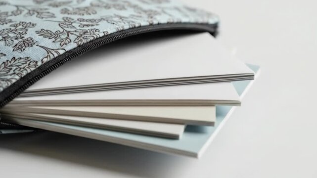 Close up of a patterned pouch with papers peeking out.