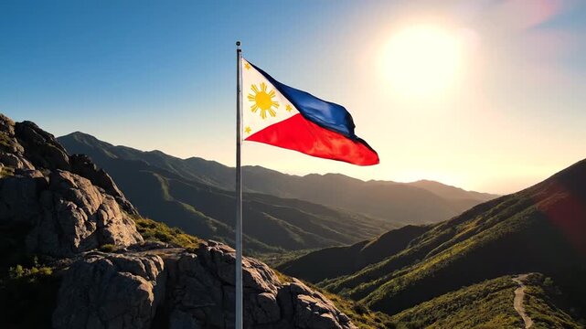 Philippine flag waving proudly on mountain peak at golden sunset