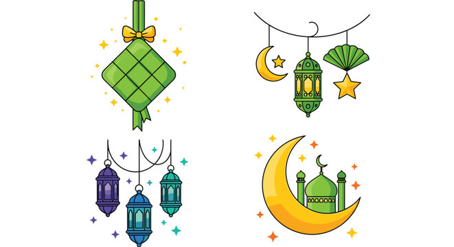 Eid al fitr - Selamat Hari Raya Idul Fitri Greeting Illustration In Flat Style Design, Flat illustration