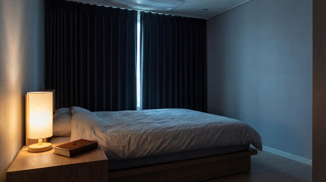 Balanced lifestyle nutrition sleep restful bedroom with dim lamp soft bedding minimal decor serene mood promoting healthy rest