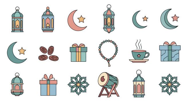 Ramadan Icons: Moon, Lanterns, Dates, Gifts, Prayer Beads, Drum, Coffee Cup