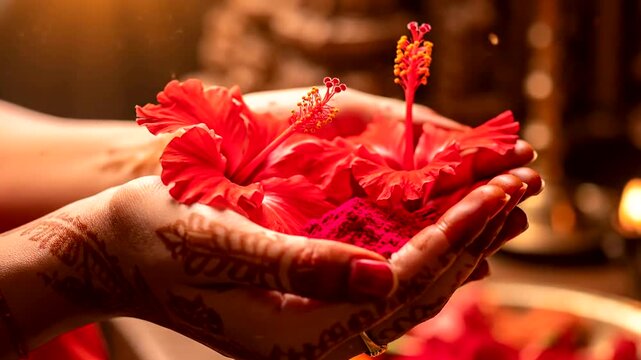 Close-up of Hands Holding Red Hibiscus Flower with Petals and Pollen.