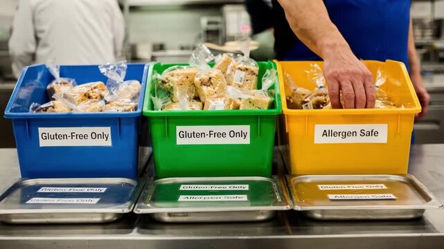 Focused medium shot on a glutenfree distribution zone featuring distinct colored bins and labeled trays showcasing meticulous allergen control in food service.