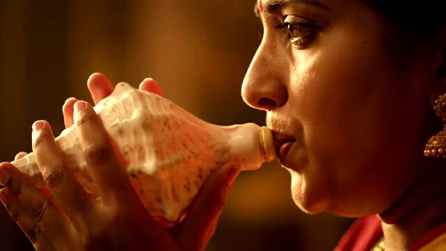 Woman blowing a conch shell for a ritual.