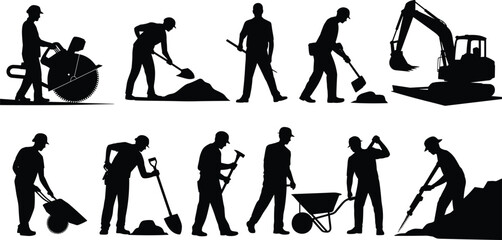 Construction worker silhouettes operating saws shovels wheelbarrows jackhammers and excavators, roadwork excavation maintenance heavy machinery labor vector illustration set collection industrial  © SreemotiLipi